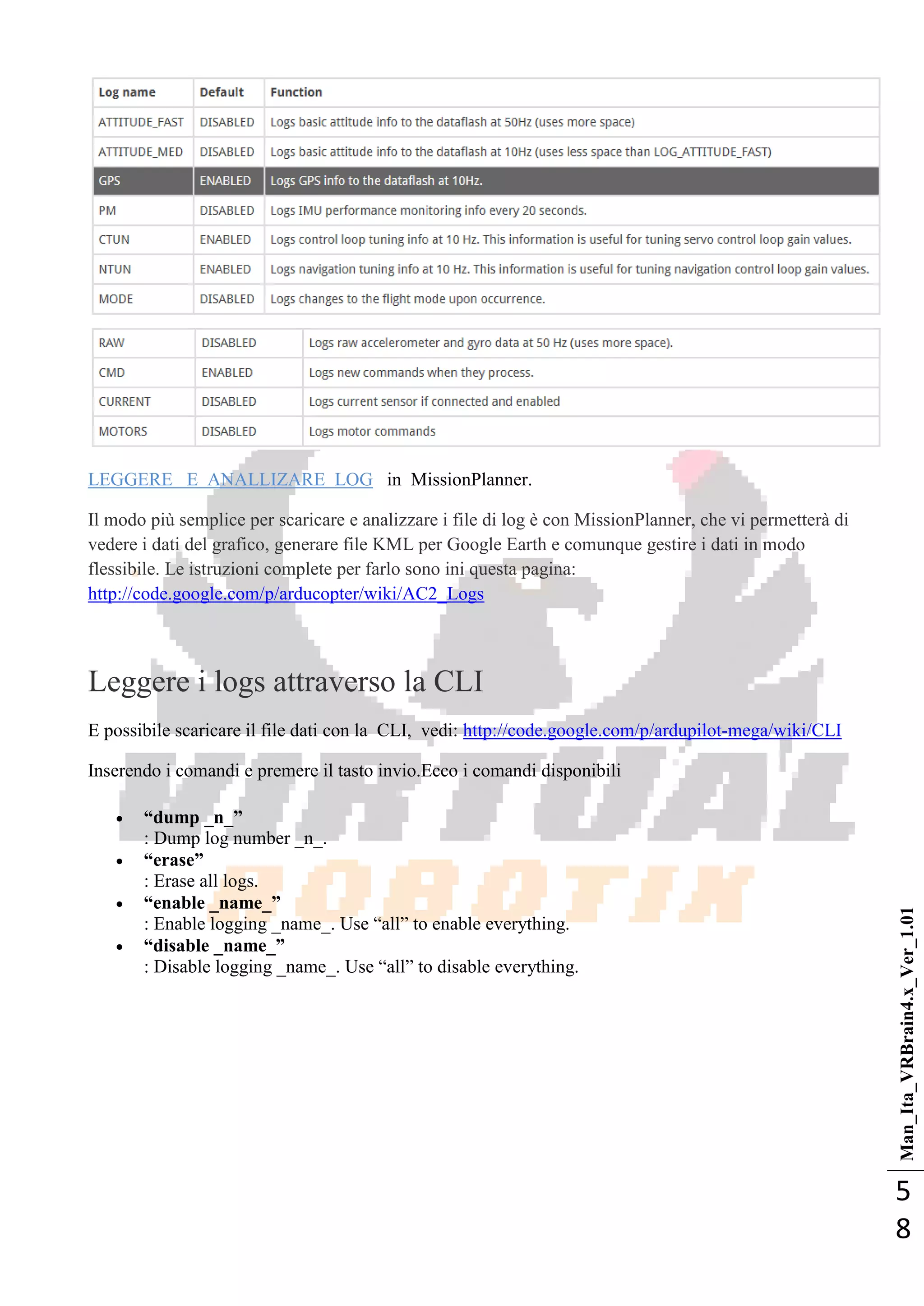 Man_Ita_VRBrain4.x_Ver_1.01
5
8
LEGGERE E ANALLIZARE LOG in MissionPlanner.
Il modo più semplice per scaricare e analizzare i file di log è con MissionPlanner, che vi permetterà di
vedere i dati del grafico, generare file KML per Google Earth e comunque gestire i dati in modo
flessibile. Le istruzioni complete per farlo sono ini questa pagina:
http://code.google.com/p/arducopter/wiki/AC2_Logs
Leggere i logs attraverso la CLI
E possibile scaricare il file dati con la CLI, vedi: http://code.google.com/p/ardupilot-mega/wiki/CLI
Inserendo i comandi e premere il tasto invio.Ecco i comandi disponibili
 “dump _n_”
: Dump log number _n_.
 “erase”
: Erase all logs.
 “enable _name_”
: Enable logging _name_. Use ―all‖ to enable everything.
 “disable _name_”
: Disable logging _name_. Use ―all‖ to disable everything.
 