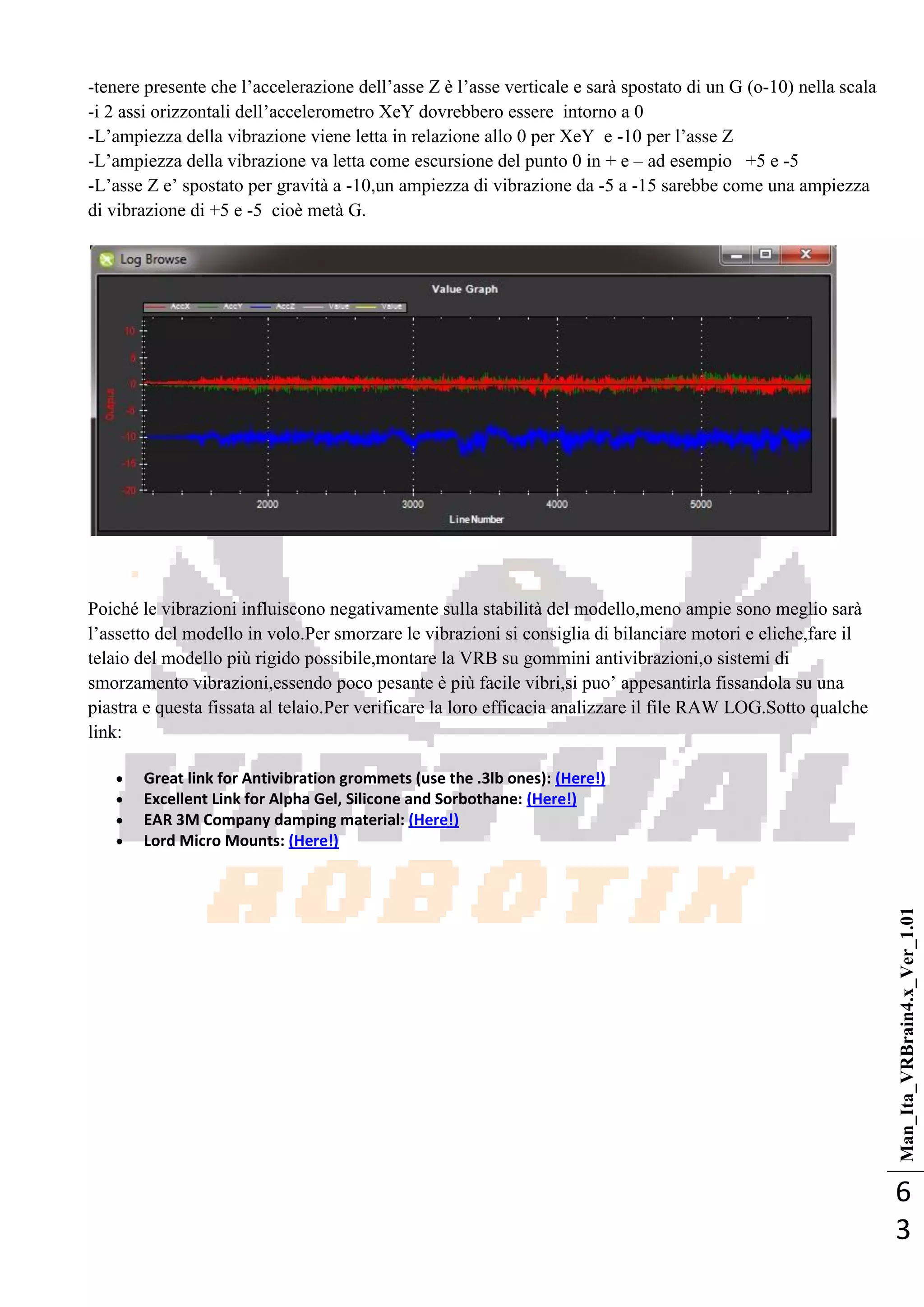 Man_Ita_VRBrain4.x_Ver_1.01
6
3
-tenere presente che l‘accelerazione dell‘asse Z è l‘asse verticale e sarà spostato di un G (o-10) nella scala
-i 2 assi orizzontali dell‘accelerometro XeY dovrebbero essere intorno a 0
-L‘ampiezza della vibrazione viene letta in relazione allo 0 per XeY e -10 per l‘asse Z
-L‘ampiezza della vibrazione va letta come escursione del punto 0 in + e – ad esempio +5 e -5
-L‘asse Z e‘ spostato per gravità a -10,un ampiezza di vibrazione da -5 a -15 sarebbe come una ampiezza
di vibrazione di +5 e -5 cioè metà G.
Poiché le vibrazioni influiscono negativamente sulla stabilità del modello,meno ampie sono meglio sarà
l‘assetto del modello in volo.Per smorzare le vibrazioni si consiglia di bilanciare motori e eliche,fare il
telaio del modello più rigido possibile,montare la VRB su gommini antivibrazioni,o sistemi di
smorzamento vibrazioni,essendo poco pesante è più facile vibri,si puo‘ appesantirla fissandola su una
piastra e questa fissata al telaio.Per verificare la loro efficacia analizzare il file RAW LOG.Sotto qualche
link:
 Great link for Antivibration grommets (use the .3lb ones): (Here!)
 Excellent Link for Alpha Gel, Silicone and Sorbothane: (Here!)
 EAR 3M Company damping material: (Here!)
 Lord Micro Mounts: (Here!)
 