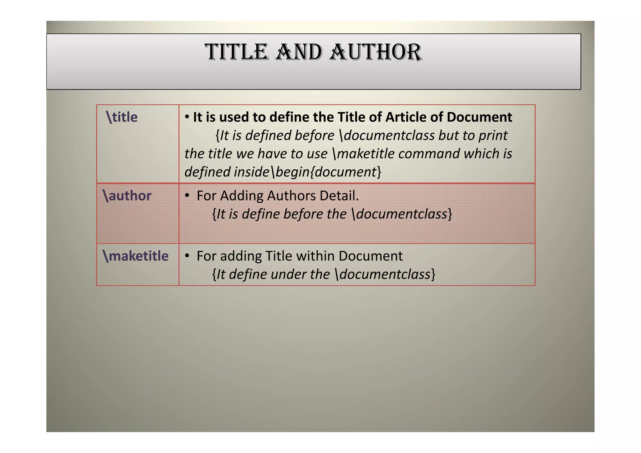 TITLE AND AUTHOR

title       • It is used to define the Title of Article of Document
                    {It is defined before documentclass but to print
             the title we have to use maketitle command which is
             defined insidebegin{document}
author      • For Adding Authors Detail.
                 {It is define before the documentclass}

maketitle   • For adding Title within Document
                 {It define under the documentclass}
 