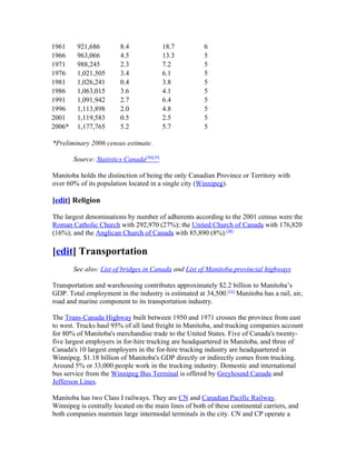 1961     921,686          8.4               18.7       6
1966     963,066          4.5               13.3       5
1971     988,245          2.3               7.2        5
1976     1,021,505        3.4               6.1        5
1981     1,026,241        0.4               3.8        5
1986     1,063,015        3.6               4.1        5
1991     1,091,942        2.7               6.4        5
1996     1,113,898        2.0               4.8        5
2001     1,119,583        0.5               2.5        5
2006*    1,177,765        5.2               5.7        5

*Preliminary 2006 census estimate.

        Source: Statistics Canada[28][29]

Manitoba holds the distinction of being the only Canadian Province or Territory with
over 60% of its population located in a single city (Winnipeg).

[edit] Religion

The largest denominations by number of adherents according to the 2001 census were the
Roman Catholic Church with 292,970 (27%); the United Church of Canada with 176,820
(16%); and the Anglican Church of Canada with 85,890 (8%).[30]

[edit] Transportation
        See also: List of bridges in Canada and List of Manitoba provincial highways

Transportation and warehousing contributes approximately $2.2 billion to Manitoba’s
GDP. Total employment in the industry is estimated at 34,500.[31] Manitoba has a rail, air,
road and marine component to its transportation industry.

The Trans-Canada Highway built between 1950 and 1971 crosses the province from east
to west. Trucks haul 95% of all land freight in Manitoba, and trucking companies account
for 80% of Manitoba's merchandise trade to the United States. Five of Canada's twenty-
five largest employers in for-hire trucking are headquartered in Manitoba, and three of
Canada's 10 largest employers in the for-hire trucking industry are headquartered in
Winnipeg. $1.18 billion of Manitoba's GDP directly or indirectly comes from trucking.
Around 5% or 33,000 people work in the trucking industry. Domestic and international
bus service from the Winnipeg Bus Terminal is offered by Greyhound Canada and
Jefferson Lines.

Manitoba has two Class I railways. They are CN and Canadian Pacific Railway.
Winnipeg is centrally located on the main lines of both of these continental carriers, and
both companies maintain large intermodal terminals in the city. CN and CP operate a
 