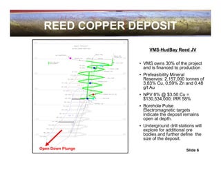 REED COPPER DEPOSIT
                        VMS-HudBay Reed JV


                   • VMS owns 30% of the project
                     and is financed to production
                   • Prefeasibility Mineral
                     Reserves: 2,157,000 tonnes of
                     3.83% Cu, 0.59% Zn and 0.48
                     g/t Au
                   • NPV 8% @ $3.50 Cu =
                     $130,534,000; IRR 58%
                   • Borehole Pulse
                     Electromagnetic targets
                     indicate the deposit remains
                     open at depth.
                   • Underground drill stations will
                     explore for additional ore
                     bodies and further define the
                     size of the deposit.

Open Down Plunge                           Slide 6
 