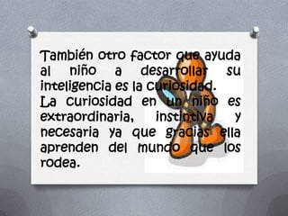También otro factor que ayuda
al niño a desarrollar su
inteligencia es la curiosidad.
La curiosidad en un niño es
extraordinaria, instintiva y
necesaria ya que gracias ella
aprenden del mundo que los
rodea.