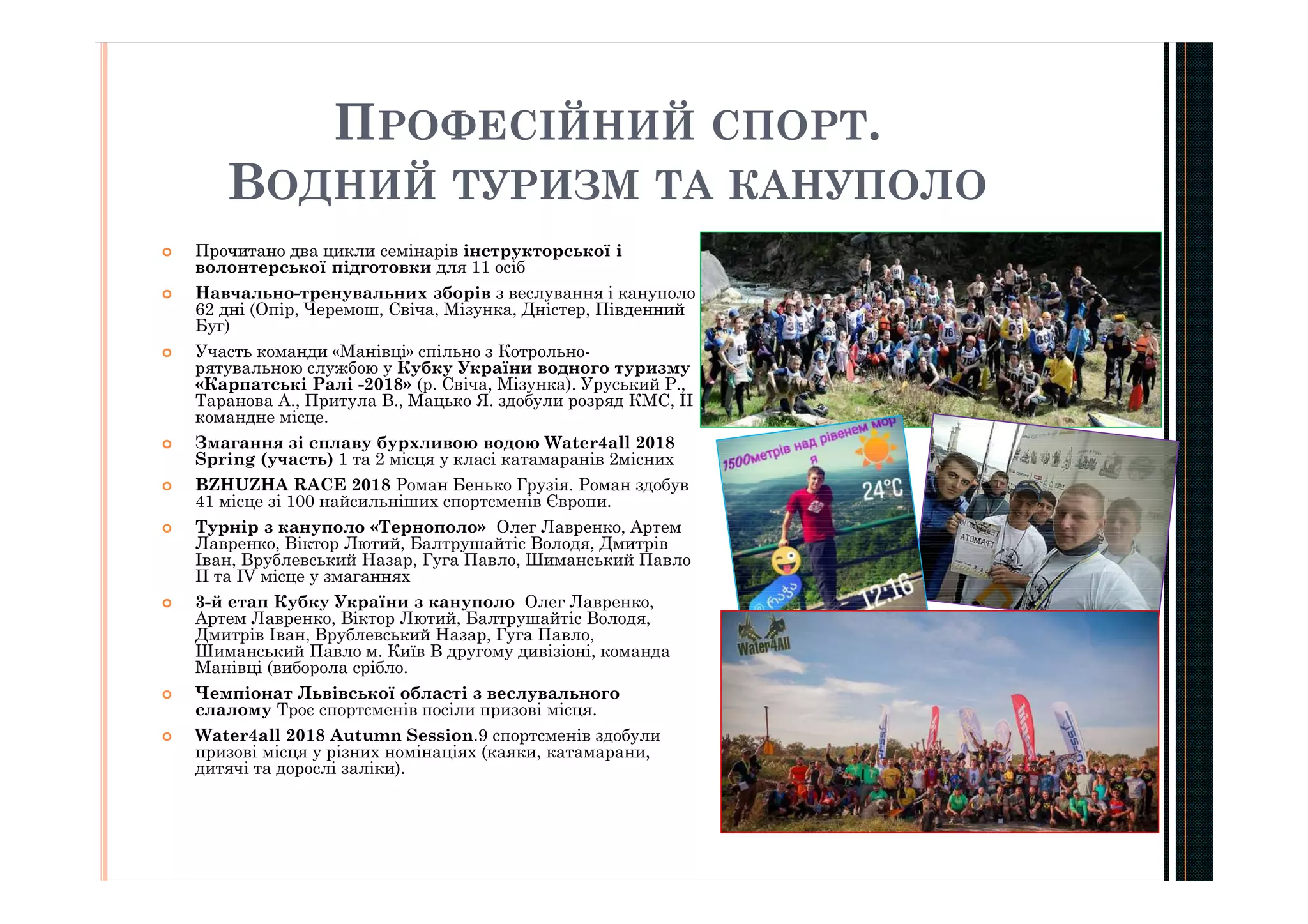 ПРОФЕСІЙНИЙ СПОРТ.
ВОДНИЙ ТУРИЗМ ТА КАНУПОЛО
 Прочитано два цикли семінарів інструкторської і
волонтерської підготовки для 11 осіб
 Навчально-тренувальних зборів з веслування і кануполо
62 дні (Опір, Черемош, Свіча, Мізунка, Дністер, Південний
Буг)
 Участь команди «Манівці» спільно з Котрольно-
рятувальною службою у Кубку України водного туризму
«Карпатські Ралі -2018» (р. Свіча, Мізунка). Уруський Р.,
Таранова А., Притула В., Мацько Я. здобули розряд КМС, ІІ
командне місце.
 Змагання зі сплаву бурхливою водою Water4all 2018
Spring (участь) 1 та 2 місця у класі катамаранів 2місних
 BZHUZHA RACE 2018 Роман Бенько Грузія. Роман здобув
41 місце зі 100 найсильніших спортсменів Європи.
 Турнір з кануполо «Тернополо» Олег Лавренко, Артем
Лавренко, Віктор Лютий, Балтрушайтіс Володя, Дмитрів
Іван, Врублевський Назар, Гуга Павло, Шиманський Павло
ІІ та IV місце у змаганнях
 3-й етап Кубку України з кануполо Олег Лавренко,
Артем Лавренко, Віктор Лютий, Балтрушайтіс Володя,
Дмитрів Іван, Врублевський Назар, Гуга Павло,
Шиманський Павло м. Київ В другому дивізіоні, команда
Манівці (виборола срібло.
 Чемпіонат Львівської області з веслувального
слалому Троє спортсменів посіли призові місця.
 Water4all 2018 Autumn Session.9 спортсменів здобули
призові місця у різних номінаціях (каяки, катамарани,
дитячі та дорослі заліки).
 