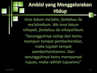 Inna lakum ma’alim, fantahuu ila
ma’alimikum. Wa inna lakum
nihayah, fantahuu ila nihayatikum.
“Sesungguhnya setiap dari kamu
mempun tempat pemberhentian,
maka tujulah tempat
pemberhentianmu. Dan
sesungguhnya kamu mempunyai
tujuan, maka raihlah tujuanmu”
22/10/2015 22
 