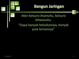 Man katsuro ihsanuhu, katsuro
ikhwanuhu.
“Siapa banyak kebaikannya, banyak
pula temannya”
22/10/2015 51
 