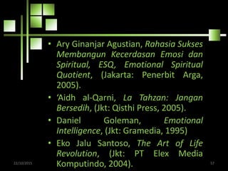 • Ary Ginanjar Agustian, Rahasia Sukses
Membangun Kecerdasan Emosi dan
Spiritual, ESQ, Emotional Spiritual
Quotient, (Jakarta: Penerbit Arga,
2005).
• ‘Aidh al-Qarni, La Tahzan: Jangan
Bersedih, (Jkt: Qisthi Press, 2005).
• Daniel Goleman, Emotional
Intelligence, (Jkt: Gramedia, 1995)
• Eko Jalu Santoso, The Art of Life
Revolution, (Jkt: PT Elex Media
Komputindo, 2004).22/10/2015 57
 