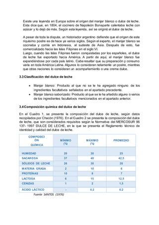 Existe una leyenda en Europa sobre el origen del manjar blanco o dulce de leche.
Esta dice que, en 1804, el cocinero de Napoleón Bonaparte calentaba leche con
azúcar y lo dejó de más. Según esta leyenda, así se originó el dulce de leche.
A pesar de toda la disputa, un historiador argentino defiende que el origen de este
riquísimo postre es de hace ya varios siglos. Según el experto, el manjar blanco se
cocinaba y comía en Indonesia, al sudeste de Asia. Después de esto, fue
comercializado hacia las Islas Filipinas en el siglo VI.
Luego, cuando las Islas Filipinas fueron conquistadas por los españoles, el dulce
de leche fue exportado hacia América. A partir de aquí, el manjar blanco fue
expandiéndose por cada país latino. Cabe resaltar que su preparación y consumo
varía en toda América Latina. Algunos lo consideran netamente un postre, mientras
que otras naciones lo consideran un acompañamiento o una crema dulce.
3.3Clasificación del dulce de leche
 Manjar blanco: Producto al que no se le ha agregado ninguno de los
ingredientes facultativos señalados en el apartado precedente.
 Manjar blanco saborizado: Producto al que se le ha añadido alguno o varios
de los ingredientes facultativos mencionados en el apartado anterior.
3.4Composición química del dulce de leche
En el Cuadro 1, se presenta la composición del dulce de leche, según datos
recopilados por Chacón (1976). En el Cuadro 2 se presenta la composición del dulce
de leche, que son considerados requisitos según la Normativa del MERCOSUR 96
137- 1997 DULCE DE LECHE, en la que se presenta el Reglamento técnico de
identidad y calidad del dulce de leche.
COMPOSICI
ÓN
QUÍMICA
MÍNIMO
(%)
MÁXIMO
(%)
PROMEDIO
HUMEDAD 20 30 25
SACAROSA 37 48 42,5
SÓLIDOS DE LECHE 26 30 28
MATERIA GRASA 2 10 6
PROTEÍNAS 10 8 7
LACTOSA 6 15 12,5
CENIZAS 1 2 1,5
ÁCIDO LÁCTICO - 0,2 0,2
Fuente SANTOS (1976)
 