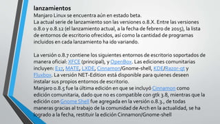 lanzamientos
Manjaro Linux se encuentra aún en estado beta.
La actual serie de lanzamiento son las versiones 0.8.X. Entre las versiones
0.8.0 y 0.8.12 (el lanzamiento actual, a la fecha de febrero de 2015), la lista
de entornos de escritorio ofrecidos, así como la cantidad de programas
incluidos en cada lanzamiento ha ido variando.
La versión 0.8.7 contiene los siguientes entornos de escritorio soportados de
manera oficial: XFCE (principal), y OpenBox. Las ediciones comunitarias
incluyen: E17, MATE, LXDE, Cinnamon/Gnome-shell, KDE/Razor-qt y
Fluxbox. La versión NET-Edition está disponible para quienes deseen
instalar sus propios entornos de escritorio.
Manjaro 0.8.5 fue la última edición en que se incluyó Cinnamon como
edición comunitaria, dado que no es compatible con gtk 3.8, mientras que la
edición conGnome Shell fue agregada en la versión 0.8.3., de todas
maneras gracias al trabajo de la comunidad de Arch en la actualidad, se ha
logrado a la fecha, restituir la edición Cinnamon/Gnome-shell
 