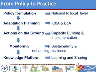 From Policy to Practice
Policy formulation National to local level
Adaptation Planning CbA & EbA
Actions on the Ground Capacity Building &
Implementation
Monitoring Sustainability &
enhancing resilience
Knowledge Platform Learning and Sharing