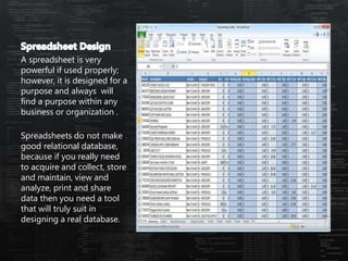 A spreadsheet is very
powerful if used properly;
however, it is designed for a
purpose and always will
find a purpose within any
business or organization .
Spreadsheets do not make
good relational database,
because if you really need
to acquire and collect, store
and maintain, view and
analyze, print and share
data then you need a tool
that will truly suit in
designing a real database.
 