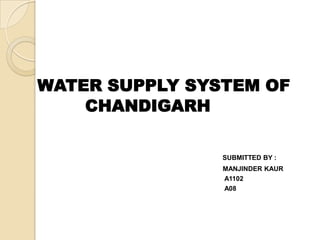 WATER SUPPLY SYSTEM OF
CHANDIGARH
SUBMITTED BY :
MANJINDER KAUR
A1102
A08
 