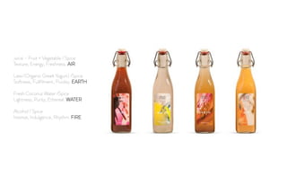 Juice - Fruit + Vegetable / Spice
Texture, Energy, Freshness. AIR
Lassi (Organic Greek Yogurt) /Spice
Softness, Fullﬁlment, Fluidity. EARTH
Fresh Coconut Water /Spice
Lightness, Purity, Ethereal. WATER
Alcohol / Spice
Intense, Indulgence, Rhythm. FIRE
 