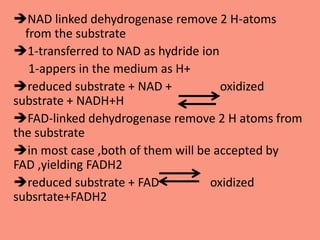 NAD linked dehydrogenase remove 2 H-atoms
from the substrate
1-transferred to NAD as hydride ion
1-appers in the medium as H+
reduced substrate + NAD + oxidized
substrate + NADH+H
FAD-linked dehydrogenase remove 2 H atoms from
the substrate
in most case ,both of them will be accepted by
FAD ,yielding FADH2
reduced substrate + FAD oxidized
subsrtate+FADH2
 