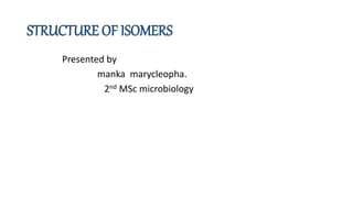 STRUCTURE OF ISOMERS
Presented by
manka marycleopha.
2nd MSc microbiology
 