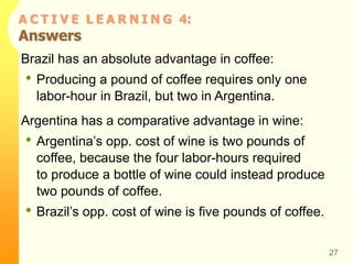 A C T I V E L E A R N I N G 4:
Answers
27
Brazil has an absolute advantage in coffee:
• Producing a pound of coffee requires only one
labor-hour in Brazil, but two in Argentina.
Argentina has a comparative advantage in wine:
• Argentina’s opp. cost of wine is two pounds of
coffee, because the four labor-hours required
to produce a bottle of wine could instead produce
two pounds of coffee.
• Brazil’s opp. cost of wine is five pounds of coffee.
 