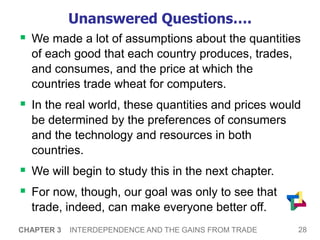 28
CHAPTER 3 INTERDEPENDENCE AND THE GAINS FROM TRADE
Unanswered Questions….
 We made a lot of assumptions about the quantities
of each good that each country produces, trades,
and consumes, and the price at which the
countries trade wheat for computers.
 In the real world, these quantities and prices would
be determined by the preferences of consumers
and the technology and resources in both
countries.
 We will begin to study this in the next chapter.
 For now, though, our goal was only to see that
trade, indeed, can make everyone better off.
 