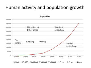 Human activity and population growth
0
500,000
1,000,000
1,500,000
2,000,000
2,500,000
3,000,000
3,500,000
4,000,000
4,500,000
2,000,000 1,000,000 500,000 200,000 100,000 50,000 25,000 10,000
Population
Migration to
Other areas
5,000 10,000 100,000 250,000 750,000 1.5 m 2.5 m 4.0 m
Fire
control
BakingRoasting
Transient
agriculture
Settled
agriculture
 
