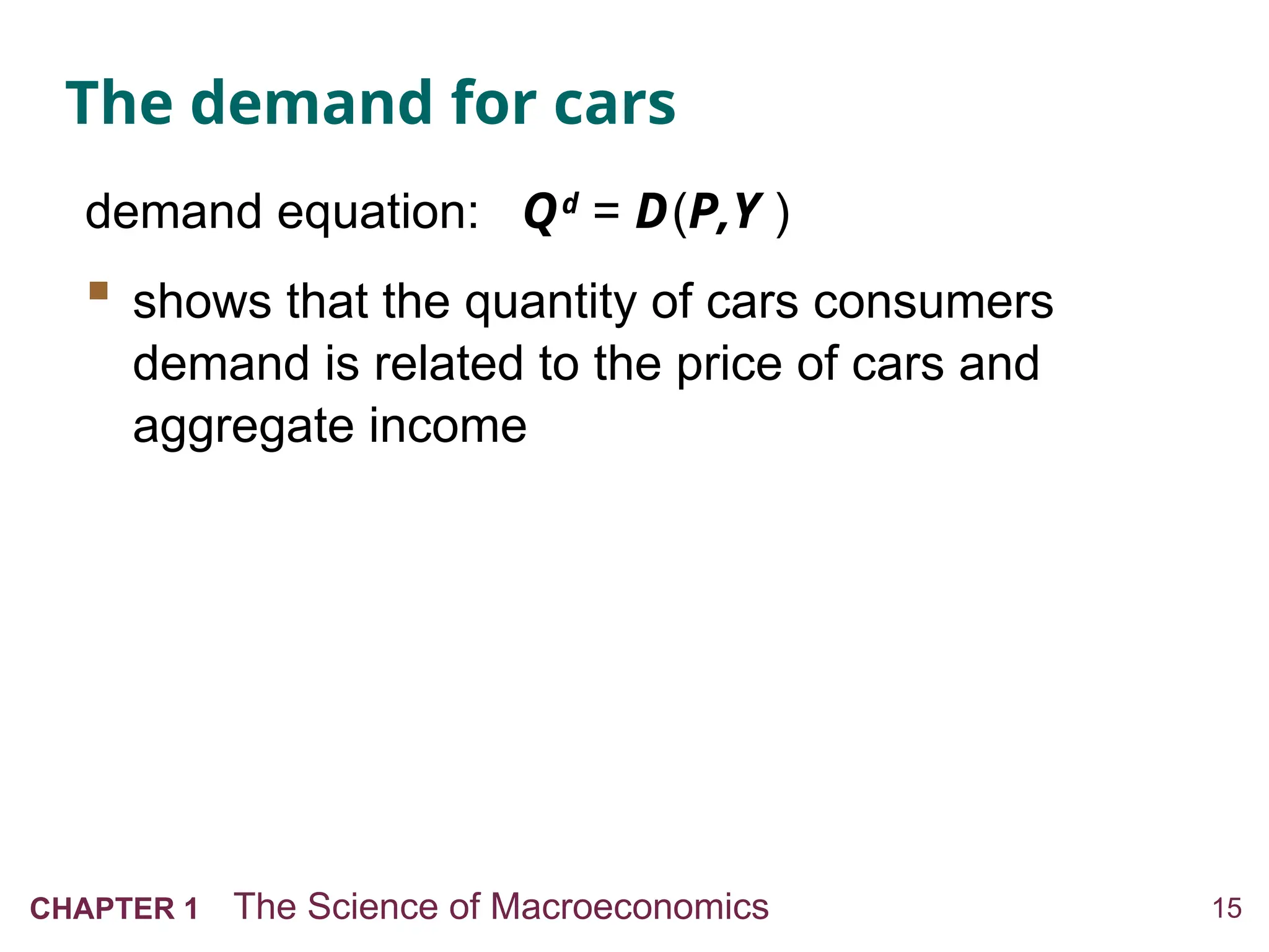 15
CHAPTER 1 The Science of Macroeconomics
The demand for cars
demand equation: Qd
= D(P,Y )
 shows that the quantity of cars consumers
demand is related to the price of cars and
aggregate income
 