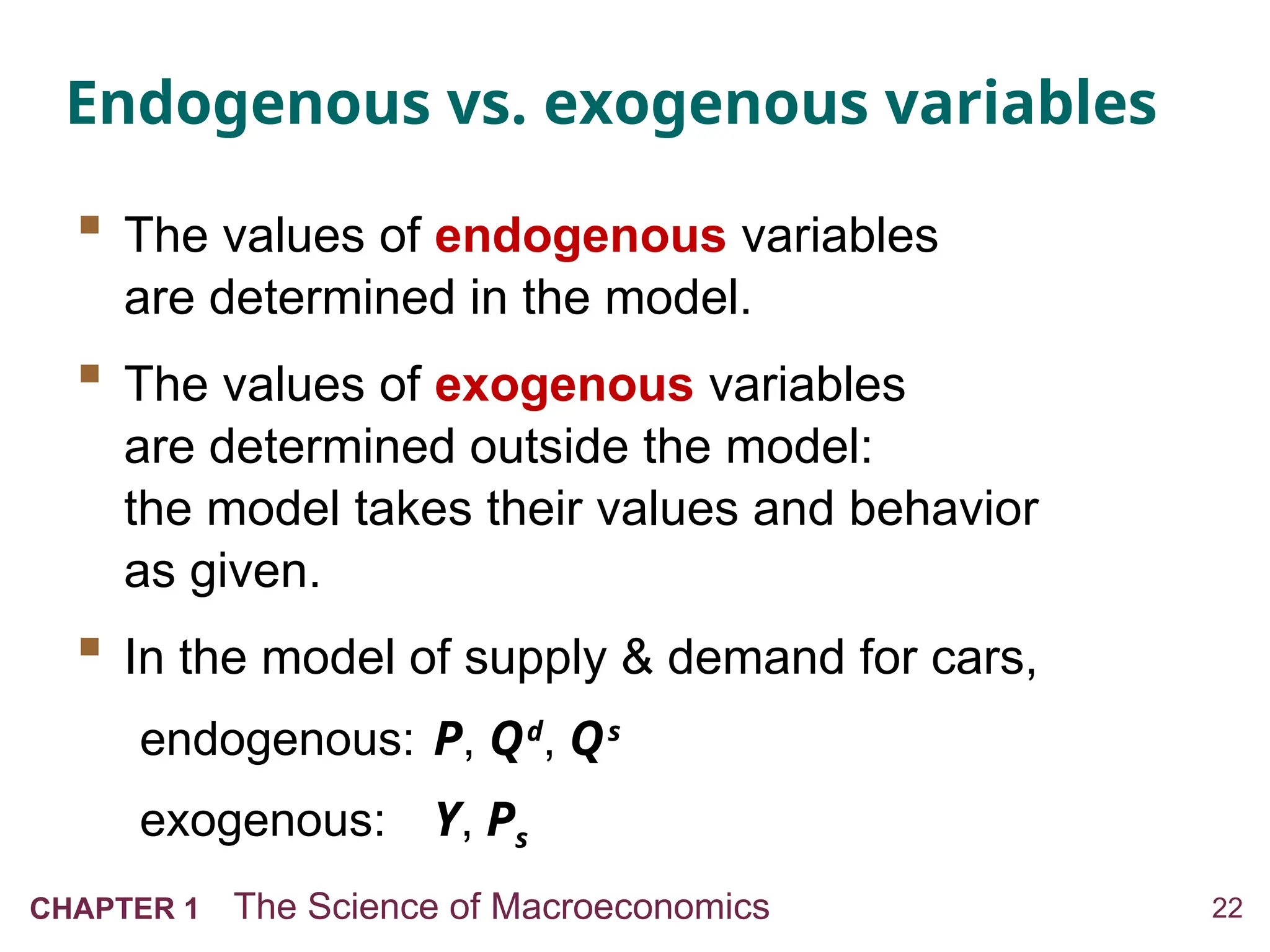 22
CHAPTER 1 The Science of Macroeconomics
Endogenous vs. exogenous variables
 The values of endogenous variables
are determined in the model.
 The values of exogenous variables
are determined outside the model:
the model takes their values and behavior
as given.
 In the model of supply & demand for cars,
endogenous: P, Qd
, Qs
exogenous: Y, Ps
 