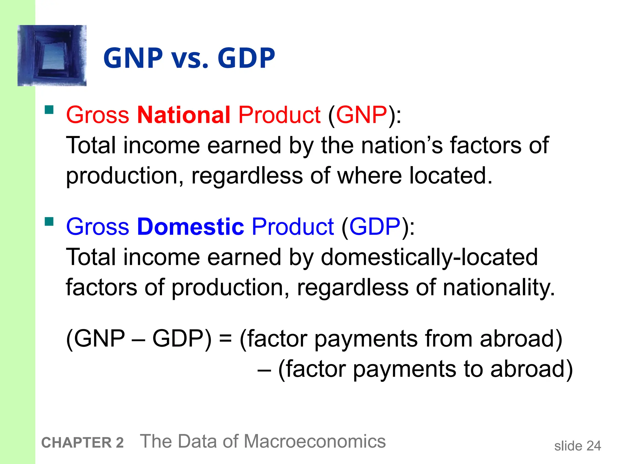 slide 24
CHAPTER 2 The Data of Macroeconomics
GNP vs. GDP
 Gross National Product (GNP):
Total income earned by the nation’s factors of
production, regardless of where located.
 Gross Domestic Product (GDP):
Total income earned by domestically-located
factors of production, regardless of nationality.
(GNP – GDP) = (factor payments from abroad)
– (factor payments to abroad)
 