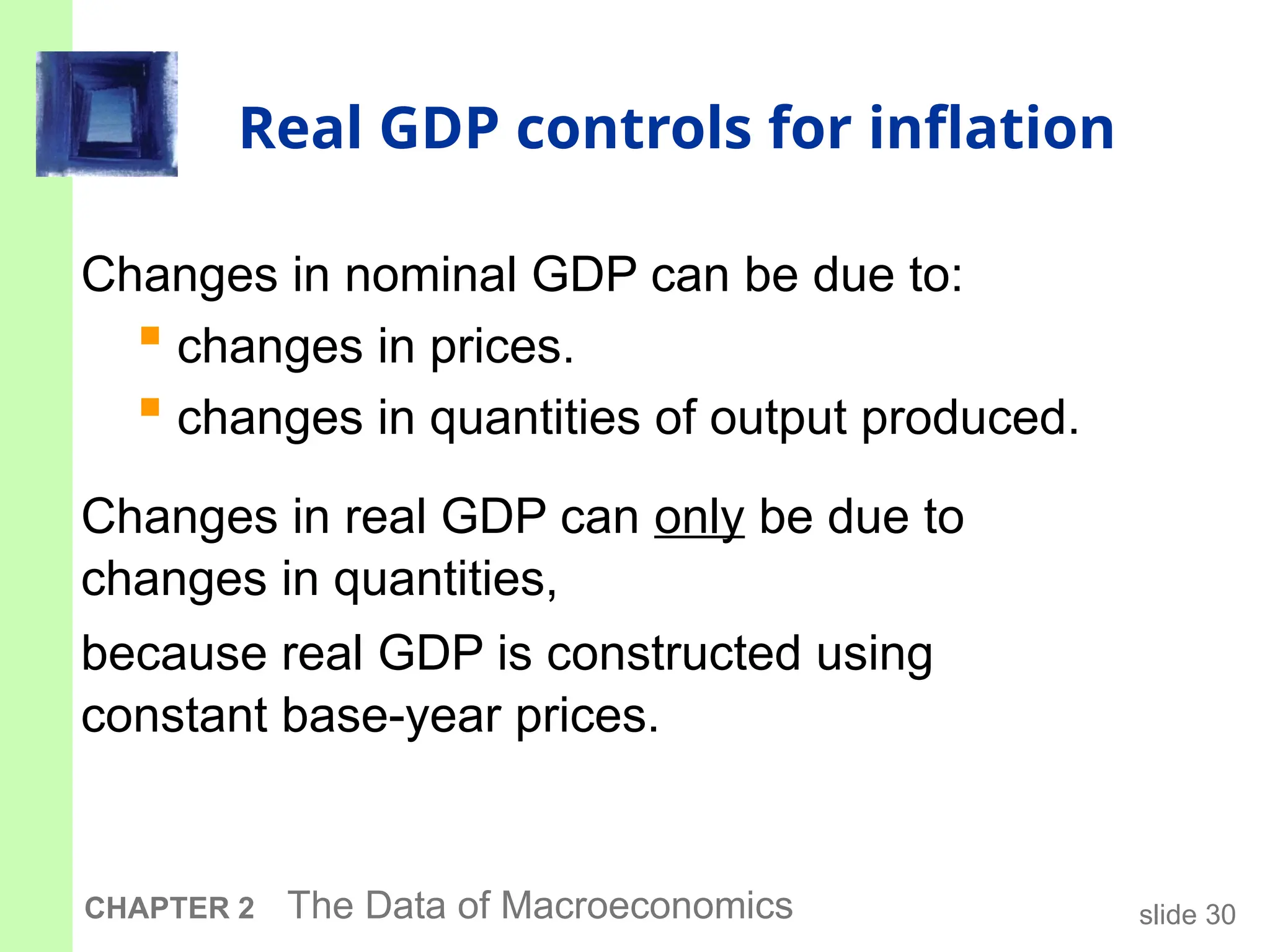 slide 30
CHAPTER 2 The Data of Macroeconomics
Real GDP controls for inflation
Changes in nominal GDP can be due to:
 changes in prices.
 changes in quantities of output produced.
Changes in real GDP can only be due to
changes in quantities,
because real GDP is constructed using
constant base-year prices.
 