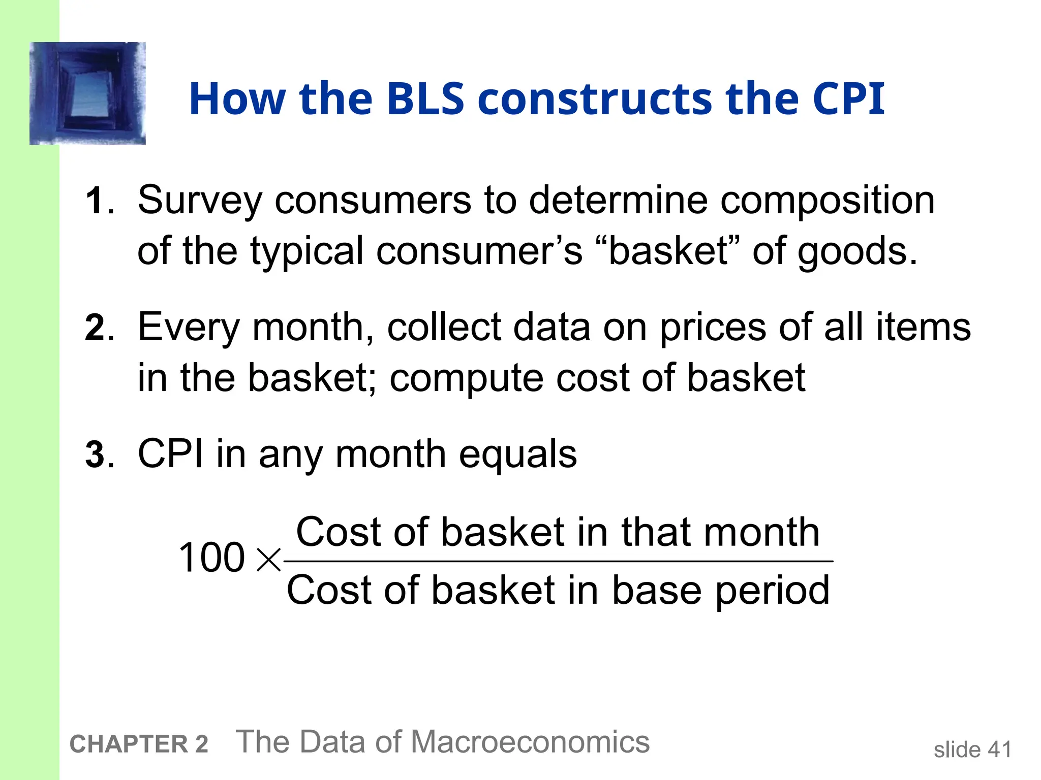 slide 41
CHAPTER 2 The Data of Macroeconomics
How the BLS constructs the CPI
1. Survey consumers to determine composition
of the typical consumer’s “basket” of goods.
2. Every month, collect data on prices of all items
in the basket; compute cost of basket
3. CPI in any month equals
Cost of basket in that month
Cost of basket in base period
100
 