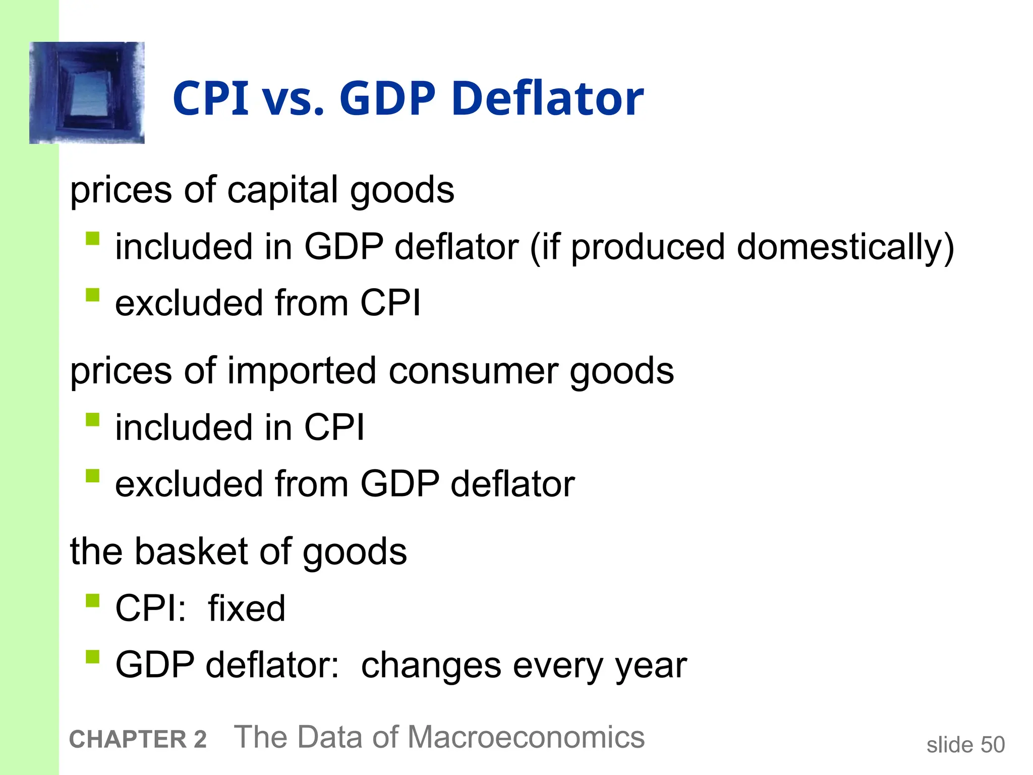 slide 50
CHAPTER 2 The Data of Macroeconomics
CPI vs. GDP Deflator
prices of capital goods
 included in GDP deflator (if produced domestically)
 excluded from CPI
prices of imported consumer goods
 included in CPI
 excluded from GDP deflator
the basket of goods
 CPI: fixed
 GDP deflator: changes every year
 