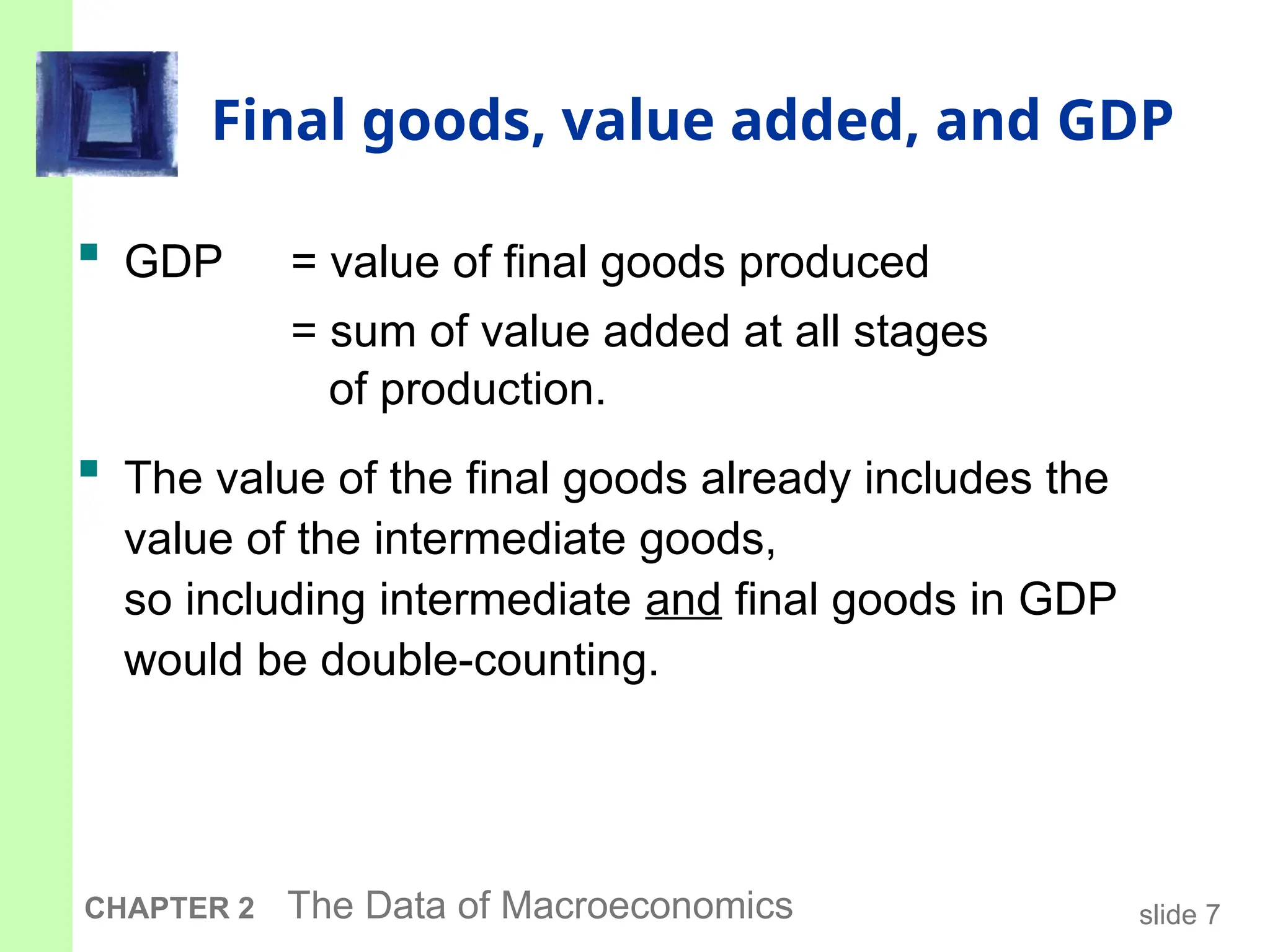 slide 7
CHAPTER 2 The Data of Macroeconomics
Final goods, value added, and GDP
 GDP = value of final goods produced
= sum of value added at all stages
of production.
 The value of the final goods already includes the
value of the intermediate goods,
so including intermediate and final goods in GDP
would be double-counting.
 