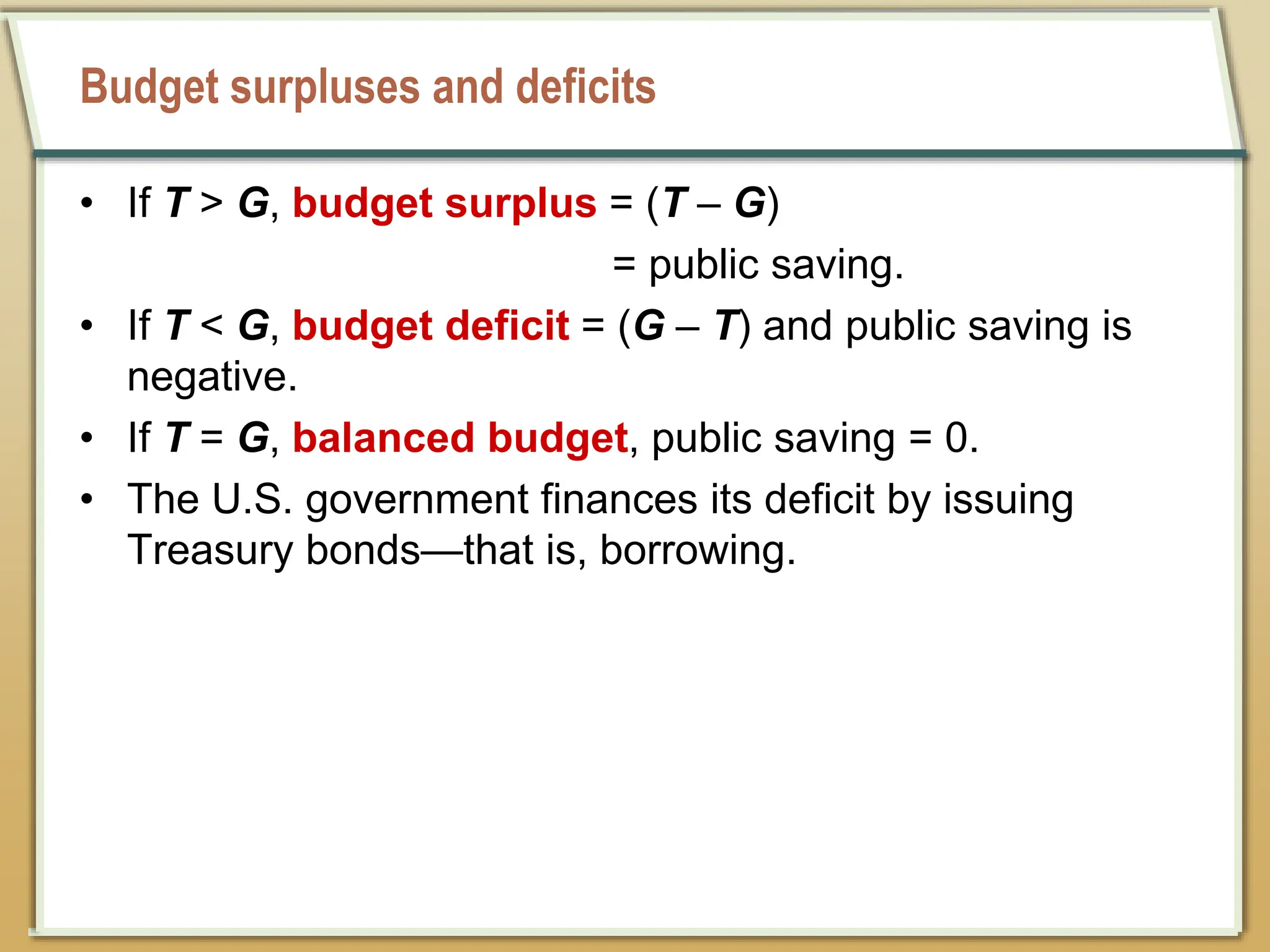 Budget surpluses and deficits
• If T > G, budget surplus = (T – G)
= public saving.
• If T < G, budget deficit = (G – T) and public saving is
negative.
• If T = G, balanced budget, public saving = 0.
• The U.S. government finances its deficit by issuing
Treasury bonds—that is, borrowing.
 