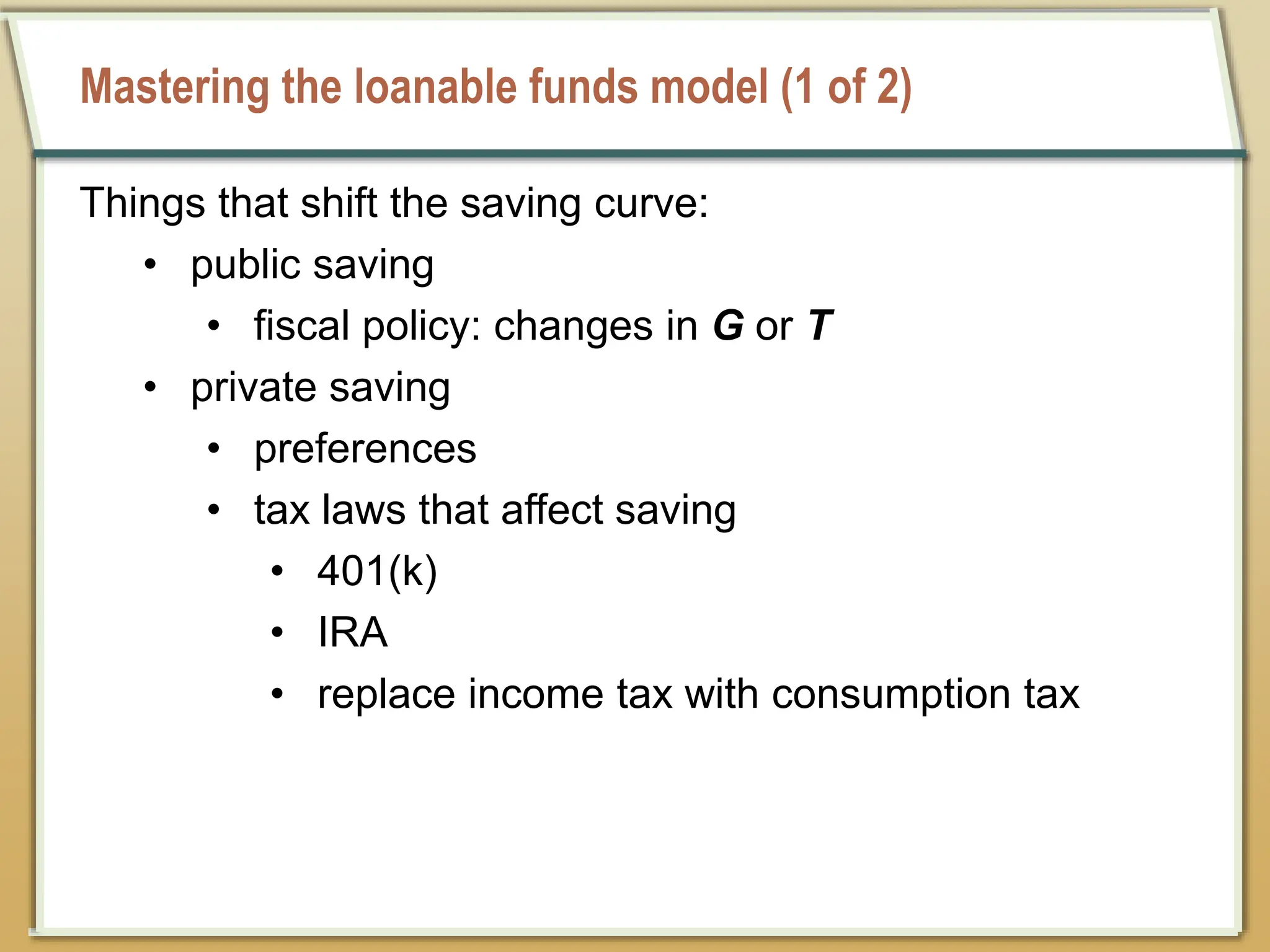 Mastering the loanable funds model (1 of 2)
Things that shift the saving curve:
• public saving
• fiscal policy: changes in G or T
• private saving
• preferences
• tax laws that affect saving
• 401(k)
• IRA
• replace income tax with consumption tax
 