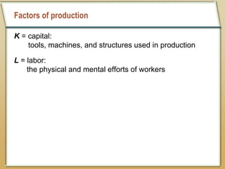 Factors of production
K = capital:
tools, machines, and structures used in production
L = labor:
the physical and mental efforts of workers
 