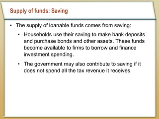 Supply of funds: Saving
• The supply of loanable funds comes from saving:
• Households use their saving to make bank deposits
and purchase bonds and other assets. These funds
become available to firms to borrow and finance
investment spending.
• The government may also contribute to saving if it
does not spend all the tax revenue it receives.
 