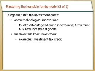 Mastering the loanable funds model (2 of 2)
Things that shift the investment curve:
• some technological innovations
• to take advantage of some innovations, firms must
buy new investment goods
• tax laws that affect investment
• example: investment tax credit
 