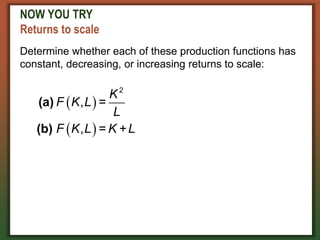 NOW YOU TRY
Returns to scale
Determine whether each of these production functions has
constant, decreasing, or increasing returns to scale:
 
 
2
, =
, =
K
F K L
L
F K L K +L
(a)
(b)
 