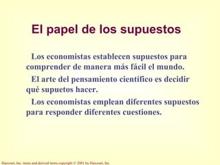 Harcourt, Inc. items and derived items copyright © 2001 by Harcourt, Inc.
El papel de los supuestos
Los economistas establecen supuestos para
comprender de manera más fácil el mundo.
El arte del pensamiento científico es decidir
qué supuetos hacer.
Los economistas emplean diferentes supuestos
para responder diferentes cuestiones.
 