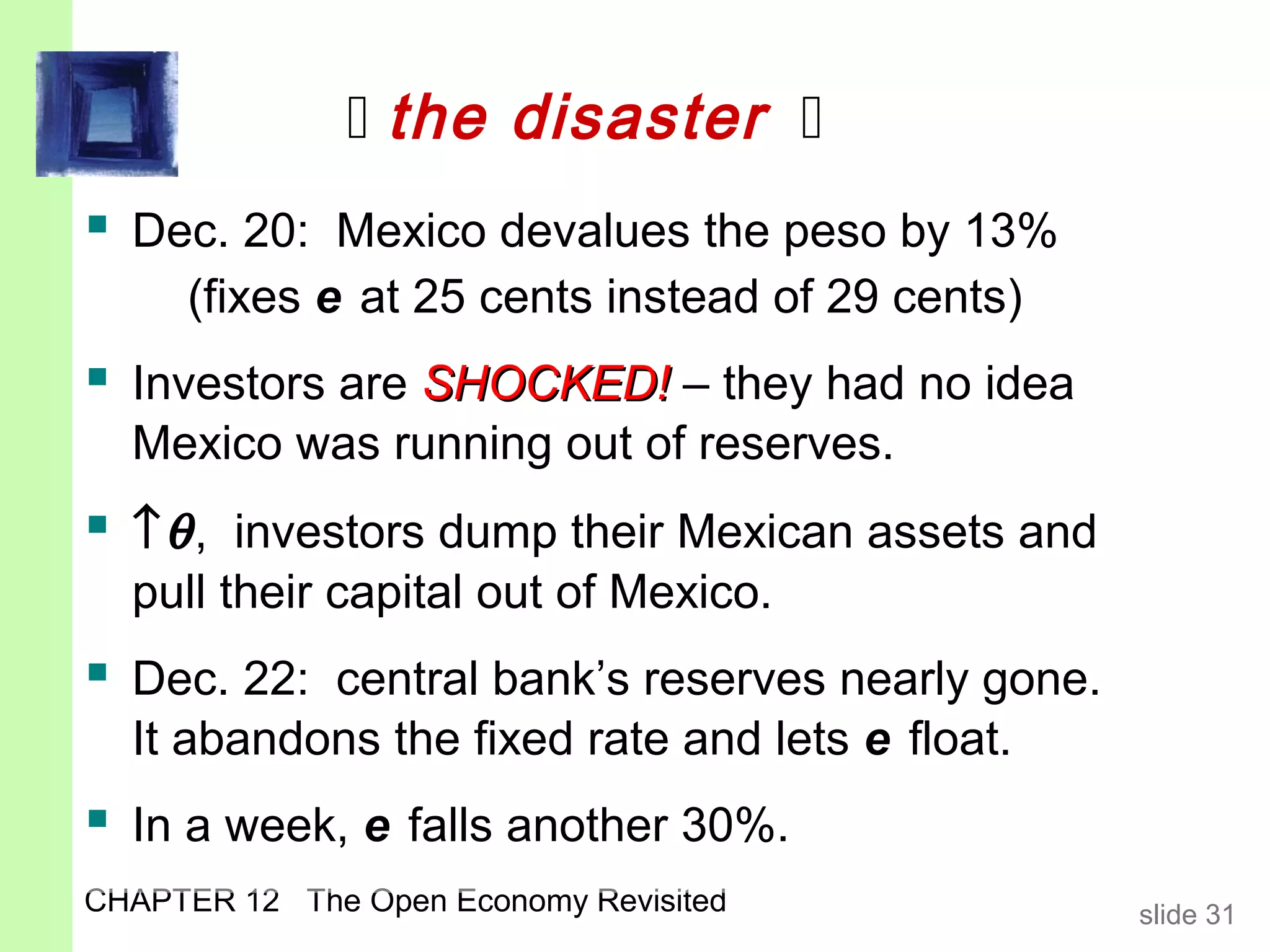  the disaster 
 Dec. 20: Mexico devalues the peso by 13%
     (fixes e at 25 cents instead of 29 cents)
 Investors are SHOCKED! – they had no idea
  Mexico was running out of reserves.
 ↑ θ , investors dump their Mexican assets and
  pull their capital out of Mexico.
 Dec. 22: central bank’s reserves nearly gone.
  It abandons the fixed rate and lets e float.
 In a week, e falls another 30%.
CHAPTER 12 The Open Economy Revisited             slide 31
 