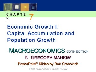 7
C H A P T E
R

Economic Growth I:
Capital Accumulation and
Population Growth

 MACROECONOMICS SIXTH EDITION
          N. GREGORY MANKIW
      PowerPoint® Slides by Ron Cronovich
              © 2008 Worth Publishers, all rights reserved
 