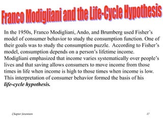 Chapter Seventeen 17
In the 1950s, Franco Modigliani, Ando, and Brumberg used Fisher’s
model of consumer behavior to study...