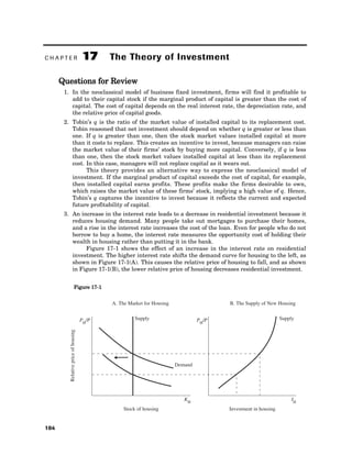 Questions for Review
1. In the neoclassical model of business fixed investment, firms will find it profitable to
add to their capital stock if the marginal product of capital is greater than the cost of
capital. The cost of capital depends on the real interest rate, the depreciation rate, and
the relative price of capital goods.
2. Tobin’s q is the ratio of the market value of installed capital to its replacement cost.
Tobin reasoned that net investment should depend on whether q is greater or less than
one. If q is greater than one, then the stock market values installed capital at more
than it costs to replace. This creates an incentive to invest, because managers can raise
the market value of their firms’ stock by buying more capital. Conversely, if q is less
than one, then the stock market values installed capital at less than its replacement
cost. In this case, managers will not replace capital as it wears out.
This theory provides an alternative way to express the neoclassical model of
investment. If the marginal product of capital exceeds the cost of capital, for example,
then installed capital earns profits. These profits make the firms desirable to own,
which raises the market value of these firms’ stock, implying a high value of q. Hence,
Tobin’s q captures the incentive to invest because it reflects the current and expected
future profitability of capital.
3. An increase in the interest rate leads to a decrease in residential investment because it
reduces housing demand. Many people take out mortgages to purchase their homes,
and a rise in the interest rate increases the cost of the loan. Even for people who do not
borrow to buy a home, the interest rate measures the opportunity cost of holding their
wealth in housing rather than putting it in the bank.
Figure 17-1 shows the effect of an increase in the interest rate on residential
investment. The higher interest rate shifts the demand curve for housing to the left, as
shown in Figure 17-1(A). This causes the relative price of housing to fall, and as shown
in Figure 17-1(B), the lower relative price of housing decreases residential investment.
184
Supply Supply
Demand
Relative
price
of
housing
KH
IH
Stock of housing Investment in housing
PH
/P PH
/P
A. The Market for Housing B. The Supply of New Housing
Figure 17-1
C H A P T E R 17 The Theory of Investment
 