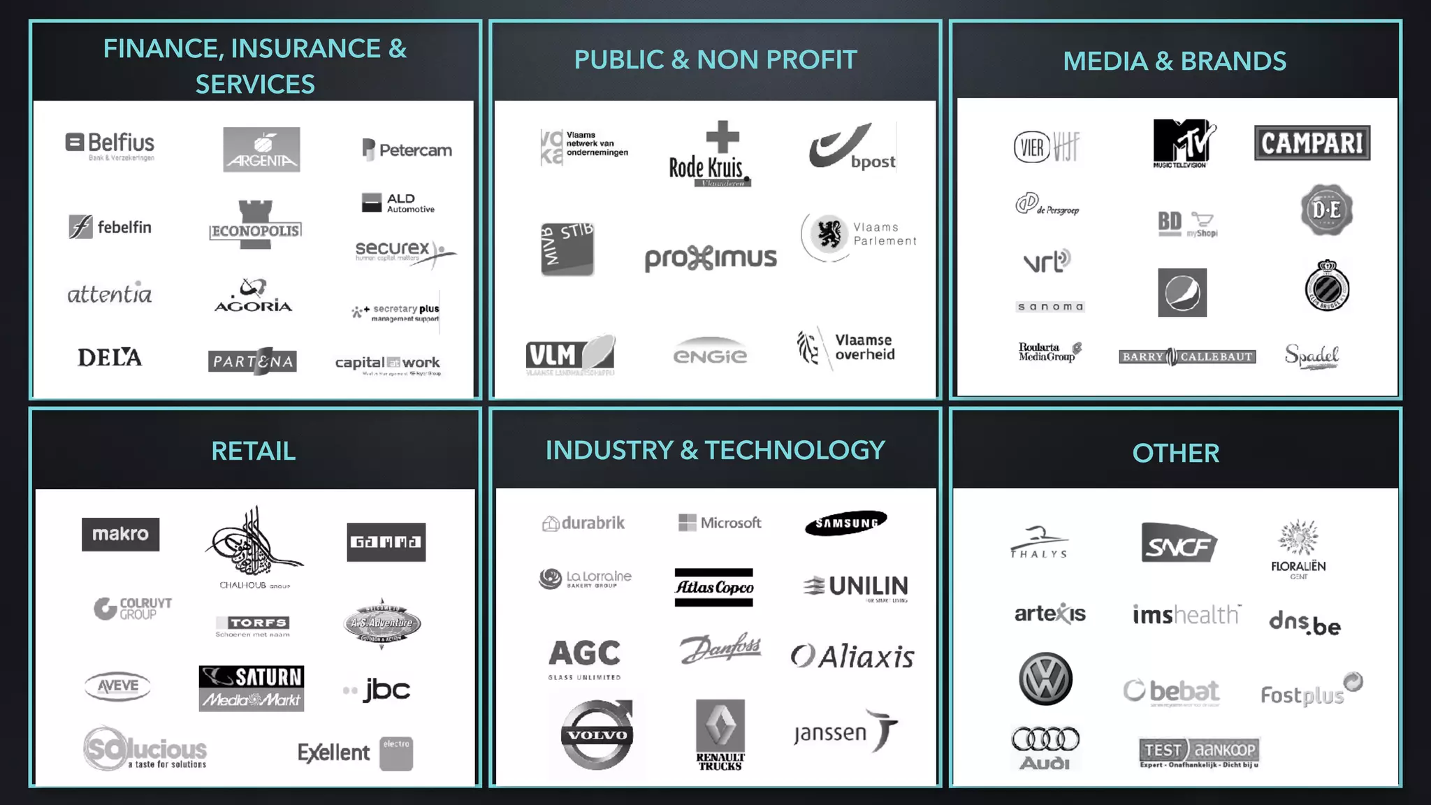 FINANCE,
INSURANCE &
SERVICES
RETAIL
PUBLIC & NON-
PROFIT
INDUSTRY &
TECHNOLOGY OTHER
FINANCE, INSURANCE &
SERVICES
PUBLIC & NON PROFIT MEDIA & BRANDS
RETAIL INDUSTRY & TECHNOLOGY OTHER
 