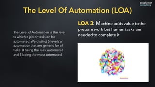 The Level of Automation is the level
to which a job or task can be
automated. We distinct 5 levels of
automation that are generic for all
tasks. 0 being the least automated
and 5 being the most automated.
LOA 3: Machine adds value to the
prepare work but human tasks are
needed to complete it
The Level Of Automation (LOA)
 