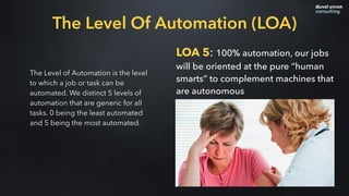 The Level of Automation is the level
to which a job or task can be
automated. We distinct 5 levels of
automation that are generic for all
tasks. 0 being the least automated
and 5 being the most automated.
LOA 5: 100% automation, our jobs
will be oriented at the pure “human
smarts” to complement machines that
are autonomous
The Level Of Automation (LOA)
 