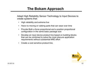 The Bokam Approach Adapt High Reliability Sensor Technology to Input Devices to create systems that: High reliability and extreme live Have no moving or rubbing parts that can wear over time Provide Both a force proportional and a position proportional configuration in the same basic package size Develop an input device product line based on building blocks that can be combined to solve the most obscure application requirements without substantial NRE effort Create a cost sensitive product line. 