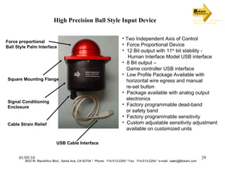 High Precision Ball Style Input Device Force proportional Ball Style Palm Interface Square Mounting Flange Signal Conditioning  Enclosure Cable Strain Relief USB Cable Interface Two Independent Axis of Control Force Proportional Device  12 Bit output with 11 th  bit stability -  Human Interface Model USB interface 8 Bit output –  Game controller USB interface Low Profile Package Available with  horizontal wire egress and manual  re-set button Package available with analog output  electronics Factory programmable dead-band  or safety band Factory programmable sensitivity Custom adjustable sensitivity adjustment  available on customized units 3633 W. MacArthur Blvd., Santa Ana, CA 92704 *  Phone:  714-513-2200 * Fax:  714-513-2204 * e-mail:  [email_address] 
