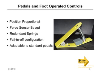 Pedals and Foot Operated Controls Position Proportional Force Sensor Based Redundant Springs Fail-to-off configuration Adaptable to standard pedals  