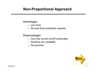 Non-Proportional Approach Advantages Low Cost No over-force protection required Disadvantages Can only control on-off functionality Switches are unreliable No precision 