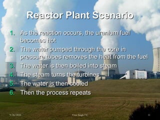 Reactor Plant ScenarioAs the reaction occurs, the uranium fuel becomes hotThe water pumped through the core in pressure tubes removes the heat from the fuelThe water is then boiled into steamThe steam turns the turbinesThe water is then cooledThen the process repeats9/26/201011Virat Singh 7 C