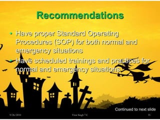 RecommendationsHave proper Standard Operating Procedures (SOP) for both normal and emergency situationsHave scheduled trainings and practices for normal and emergency situations9/26/201035Virat Singh 7 CContinued to next slide