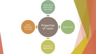 Properties
of rayon
easily dyed
and woven
into cloth
drapes well
lustrous in
appearance
good
absorbent
of sweat
 