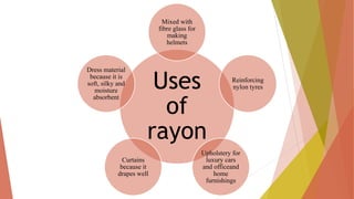 Uses
of
rayon
Mixed with
fibre glass for
making
helmets
Reinforcing
nylon tyres
Upholstery for
luxury cars
and officeand
home
furnishings
Curtains
because it
drapes well
Dress material
because it is
soft, silky and
moisture
absorbent
 